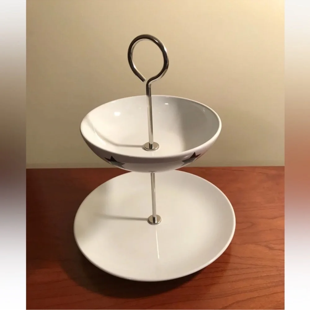 IKEA Ceramic 2 Tier Serving Caddy Tidbit Tray White Dish with Blue Stars #10866